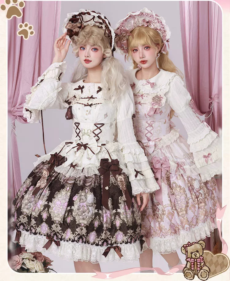 OCELOT - Antique Teddy Bear - Classic Lolita Printed JSK Dress with Ribbon Bows