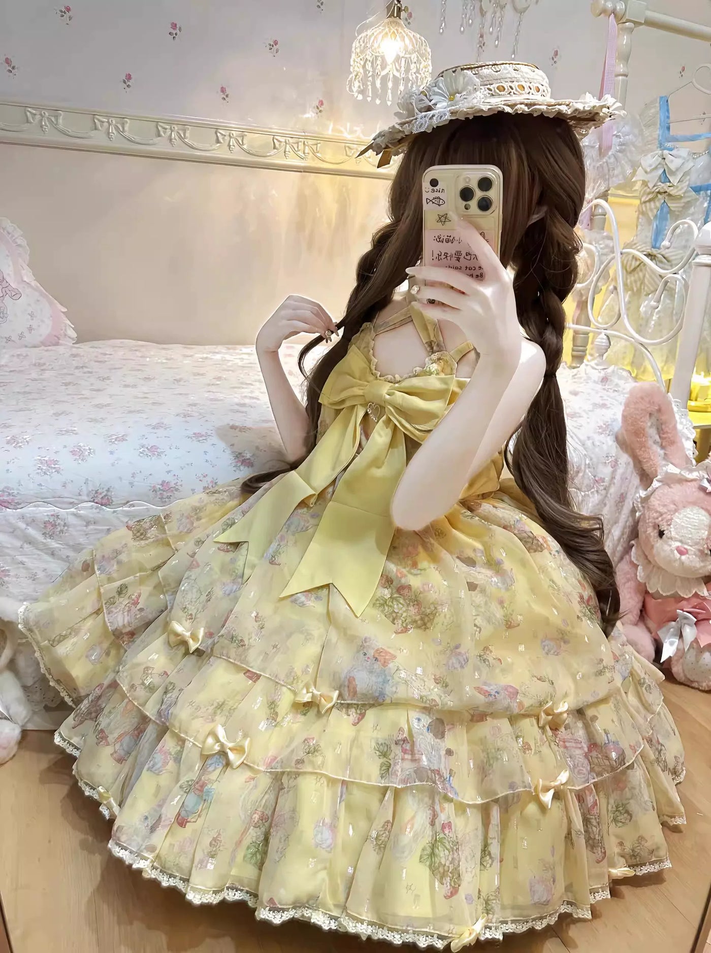 Creamy - Yellow Bow - Tiered Halter Dress