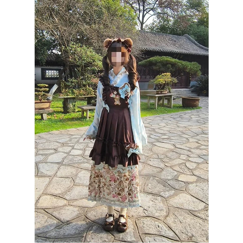 Creamy - Mint Bear Ming-Style Set - Lolita fashion set with a blue top and coffee-colored embroidered overskirt
