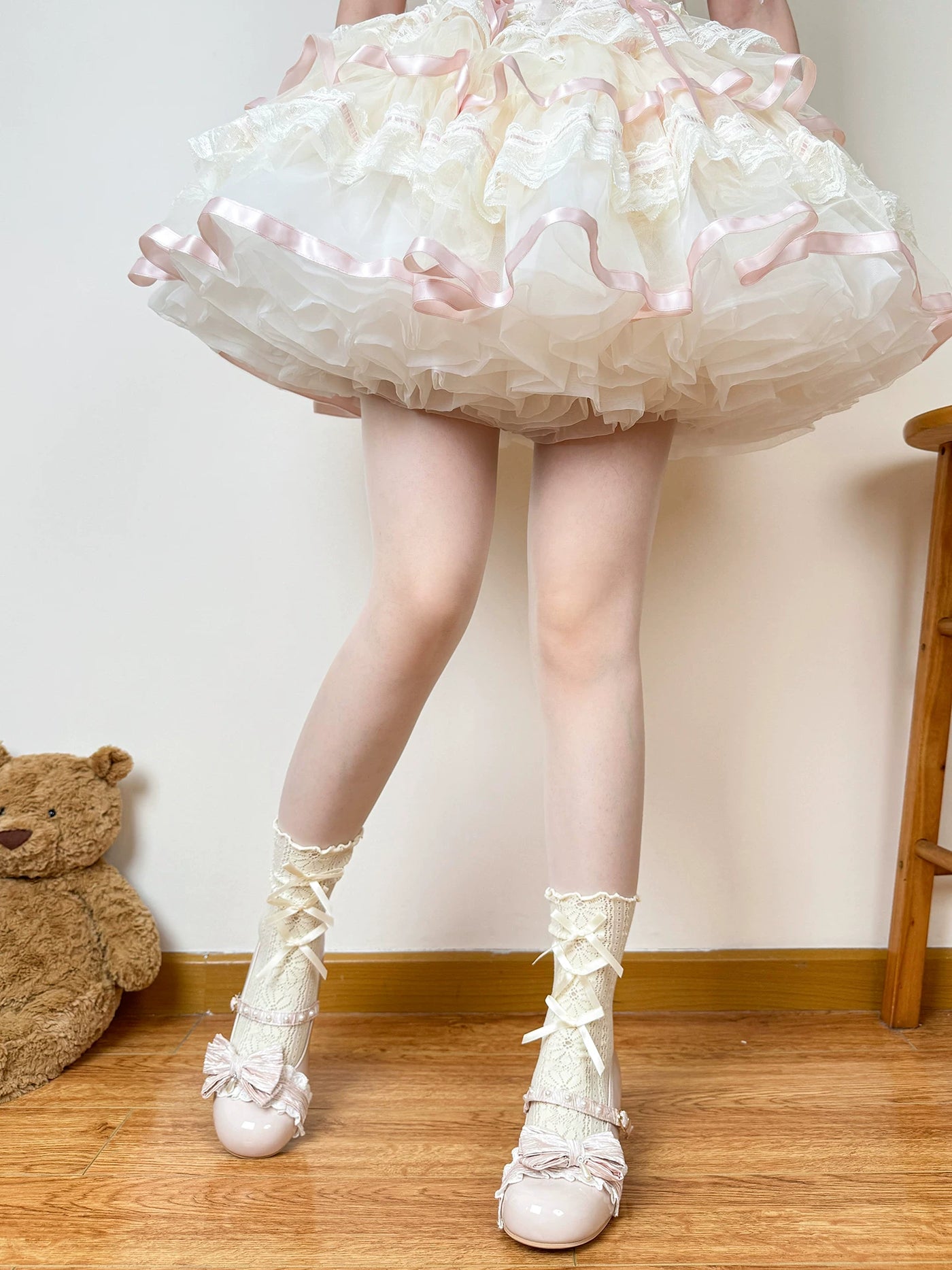 Chubby Bear Tales - Soft Ribbon Lace - Openwork Lace Socks with Ribbon Trim