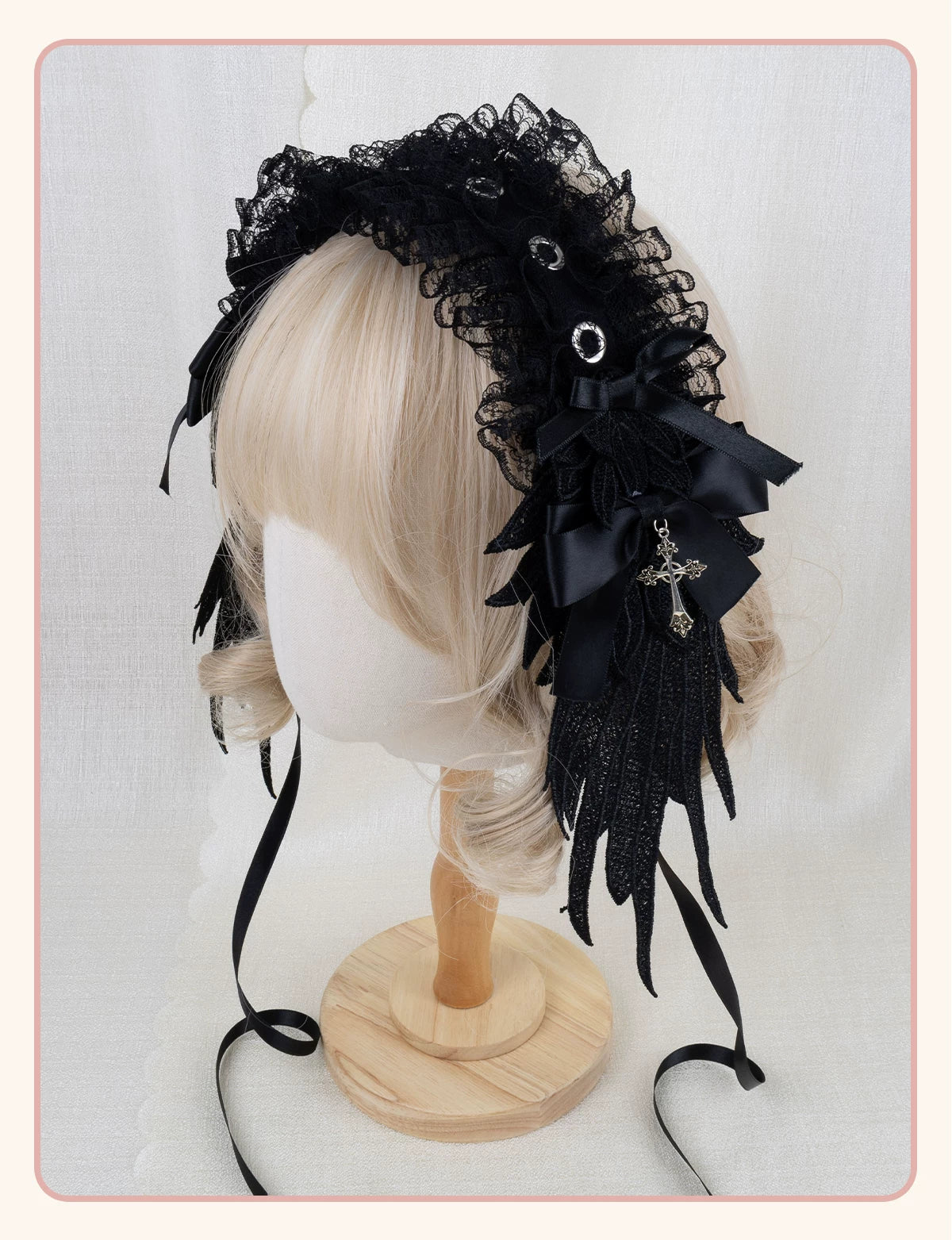 Stardust Rose - Winged Cross - Black-and-White Lace Headband with Wings and Cross Details