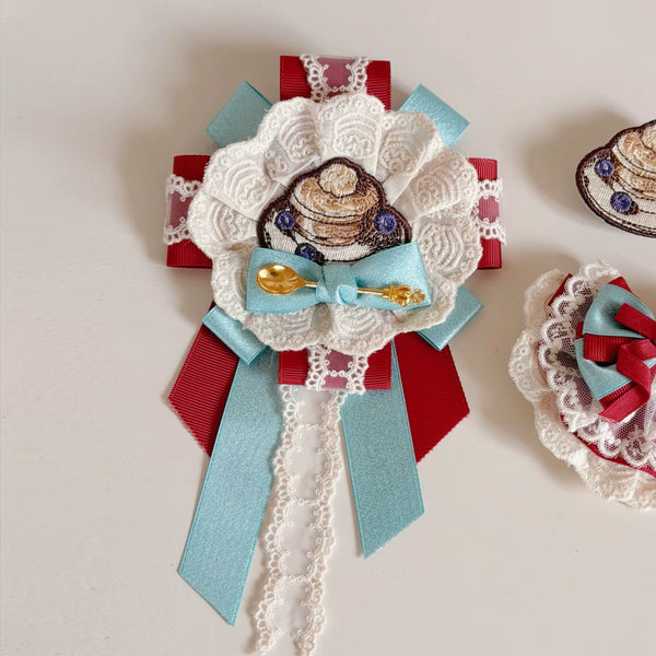Handmade cream, blue and burgundy Lolita headwear and bow accessories shown in a collage