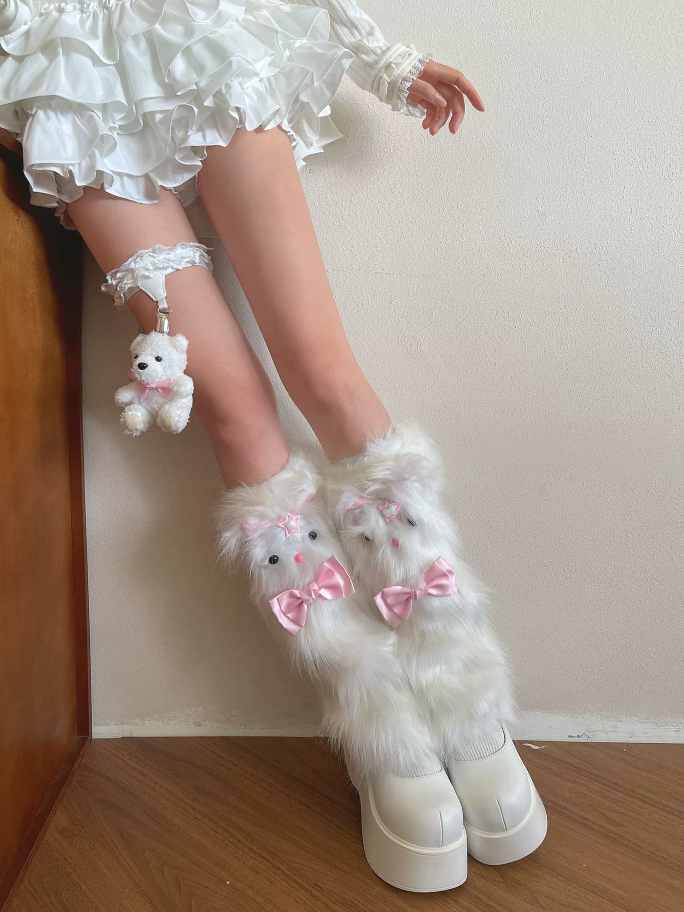 Sock Noble - Winter Strawberry Bear - Furry Sock Covers with Pink Bow Details