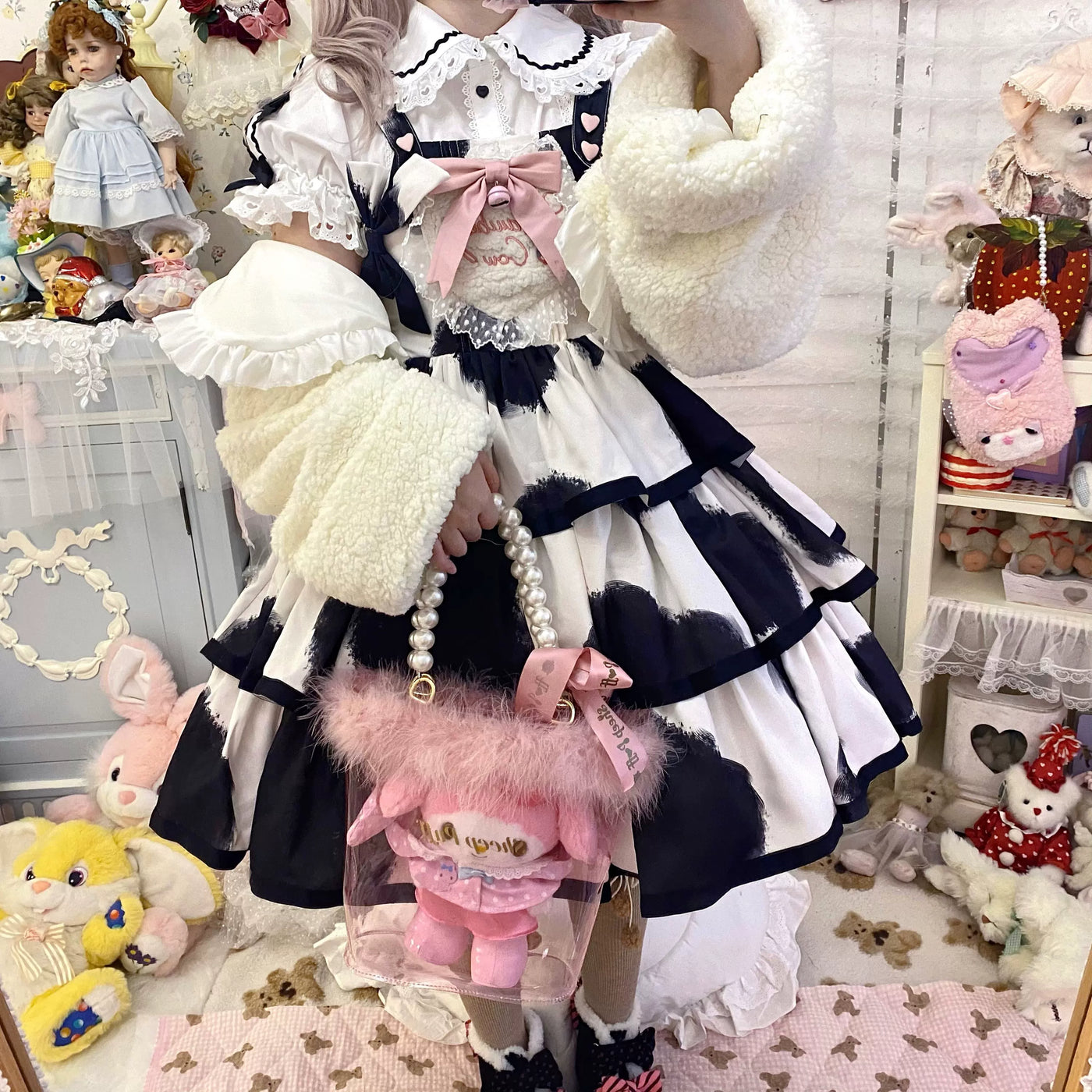 Tata Long Ear - Milk Cake Cow Print - Cow-Print JSK Dress with Three-Section Skirt