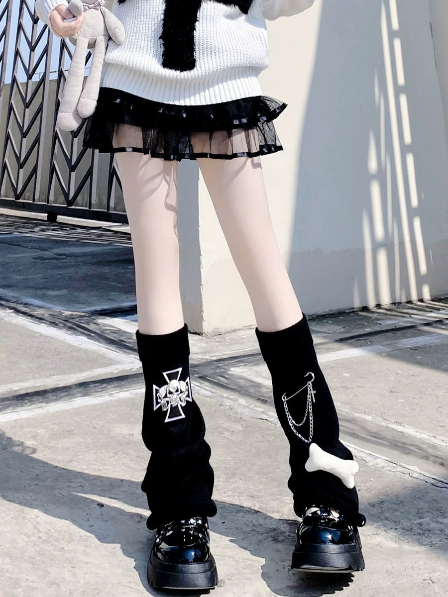 Floral Milk Cat - Chain Bone - Black slouch calf socks with chain and bone details