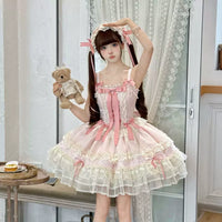 Hanguliang - Satin Heart Knot - Pink or Blue Ballet JSK Dress with Lace and Ribbon Trim - PinkJSK+PinkHeadpiece / S