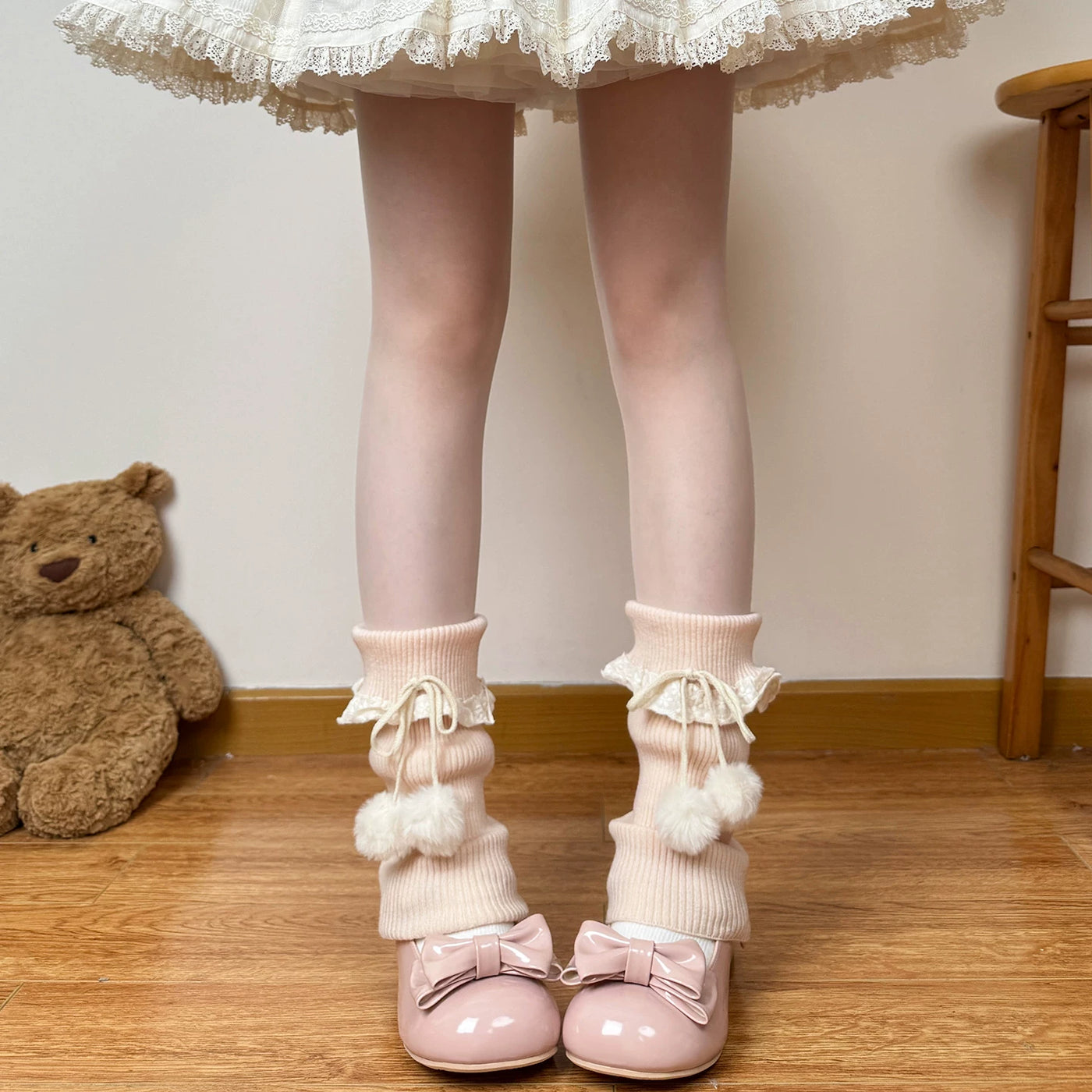 Chubby Bear Tales - Antique Doll Legwear - Slouch Leg Warmers with Lace Cuffs and Pom-Poms