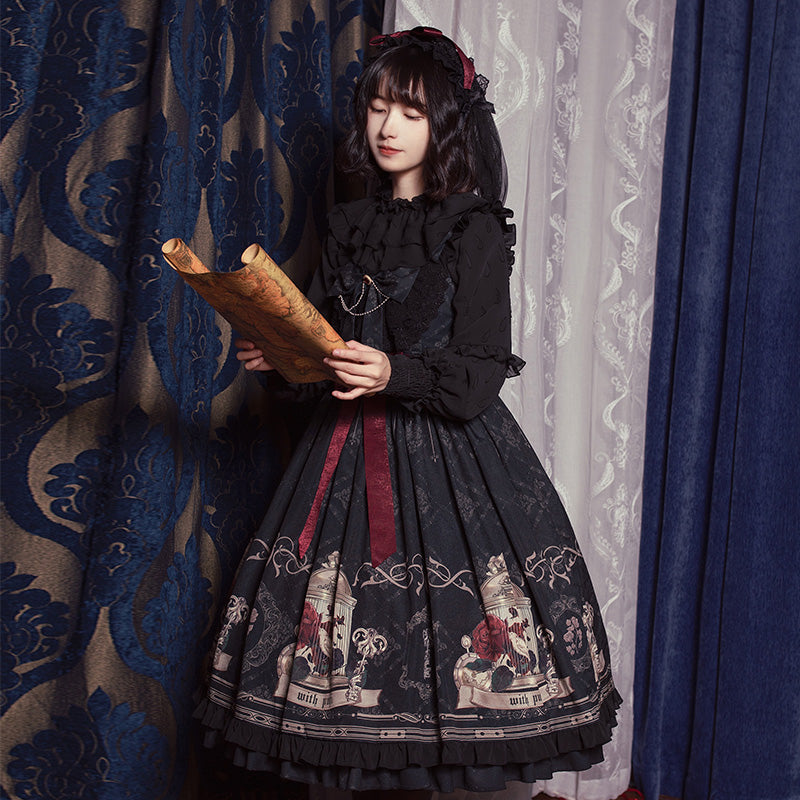 With PUJI - Nightingale and Rose - Classic Lolita Chiffon Dress, Rose & Birdcage Print