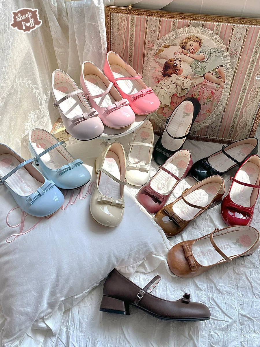 Sheep Puff porcelain doll-inspired low heel Lolita shoes with cute sheep puff design and delicate details.
