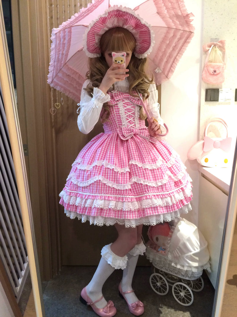 Tata Long Ear - Gingham Baileys - Pink gingham check sweet lolita JSK