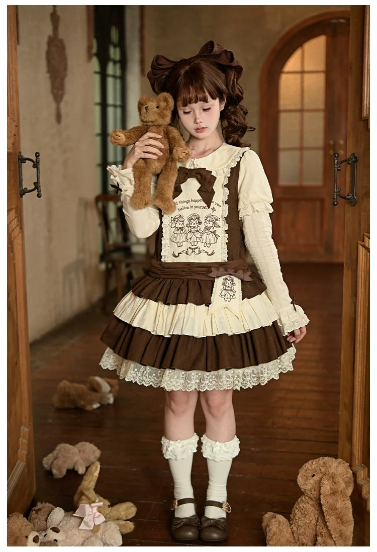 With PUJI - Sugar Frost Tale - Kawaii Lolita OP Button Closure Dress, Lamb & Bunny Embroidery