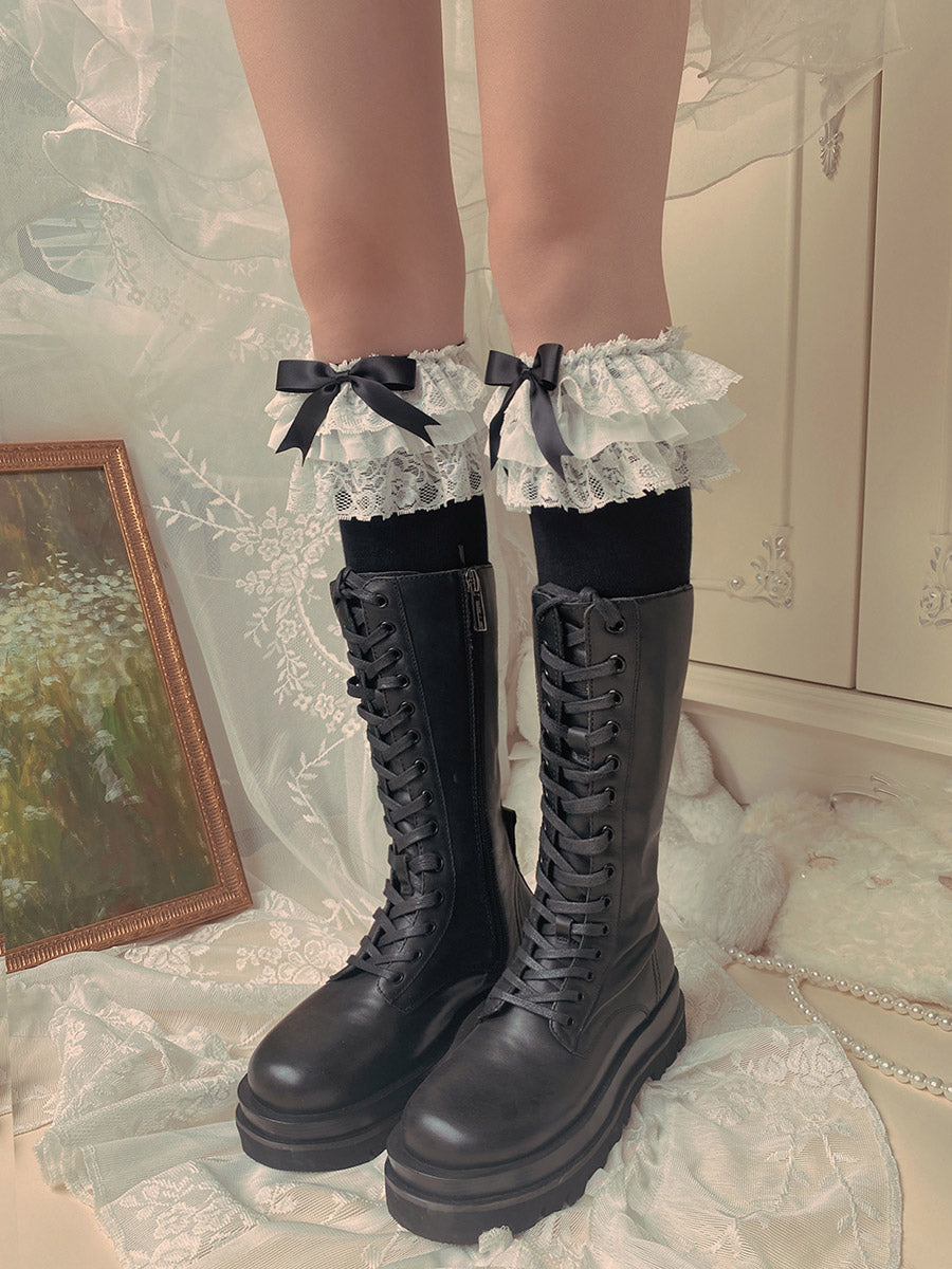 WAGUIR - Cotton Lolita Bow Socks with - Layered Lace Trim Socks