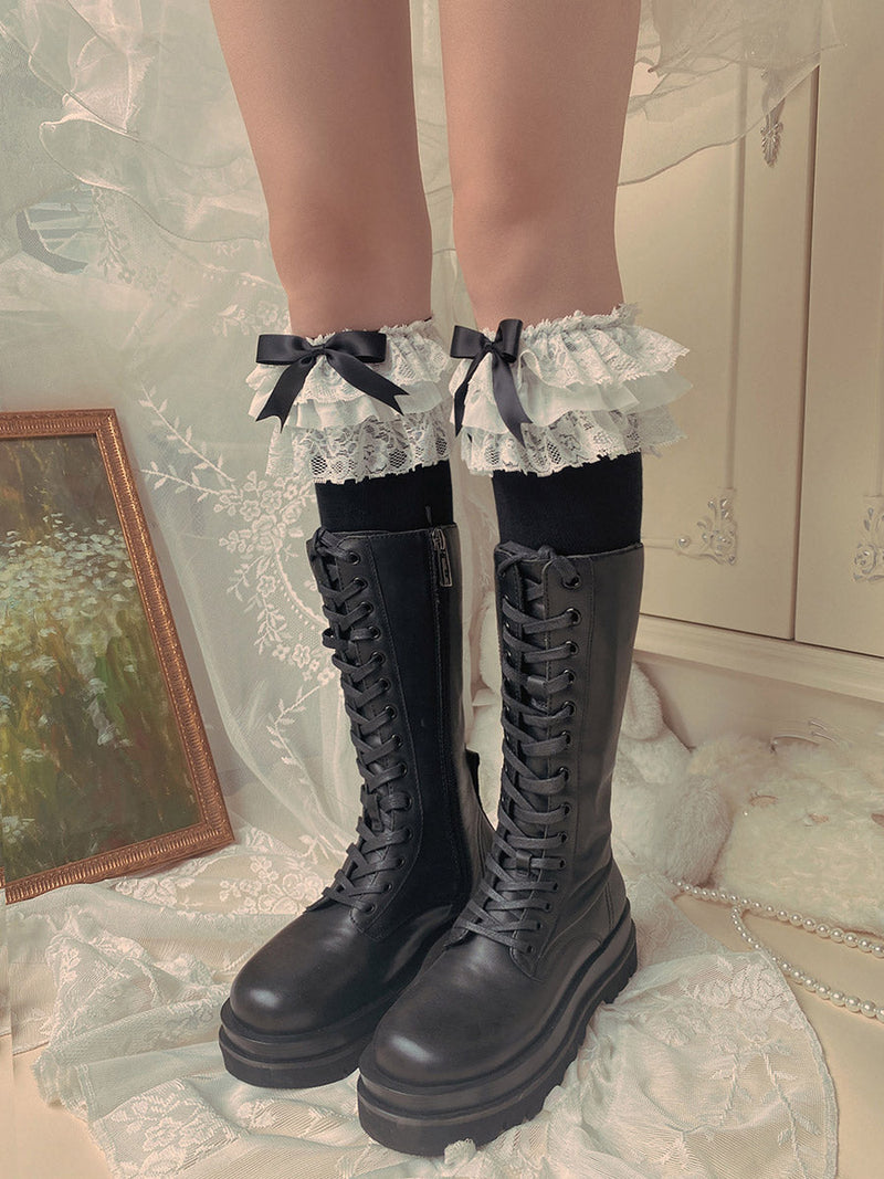 WAGUIR - Cotton Lolita Bow Socks with - Layered Lace Trim Socks