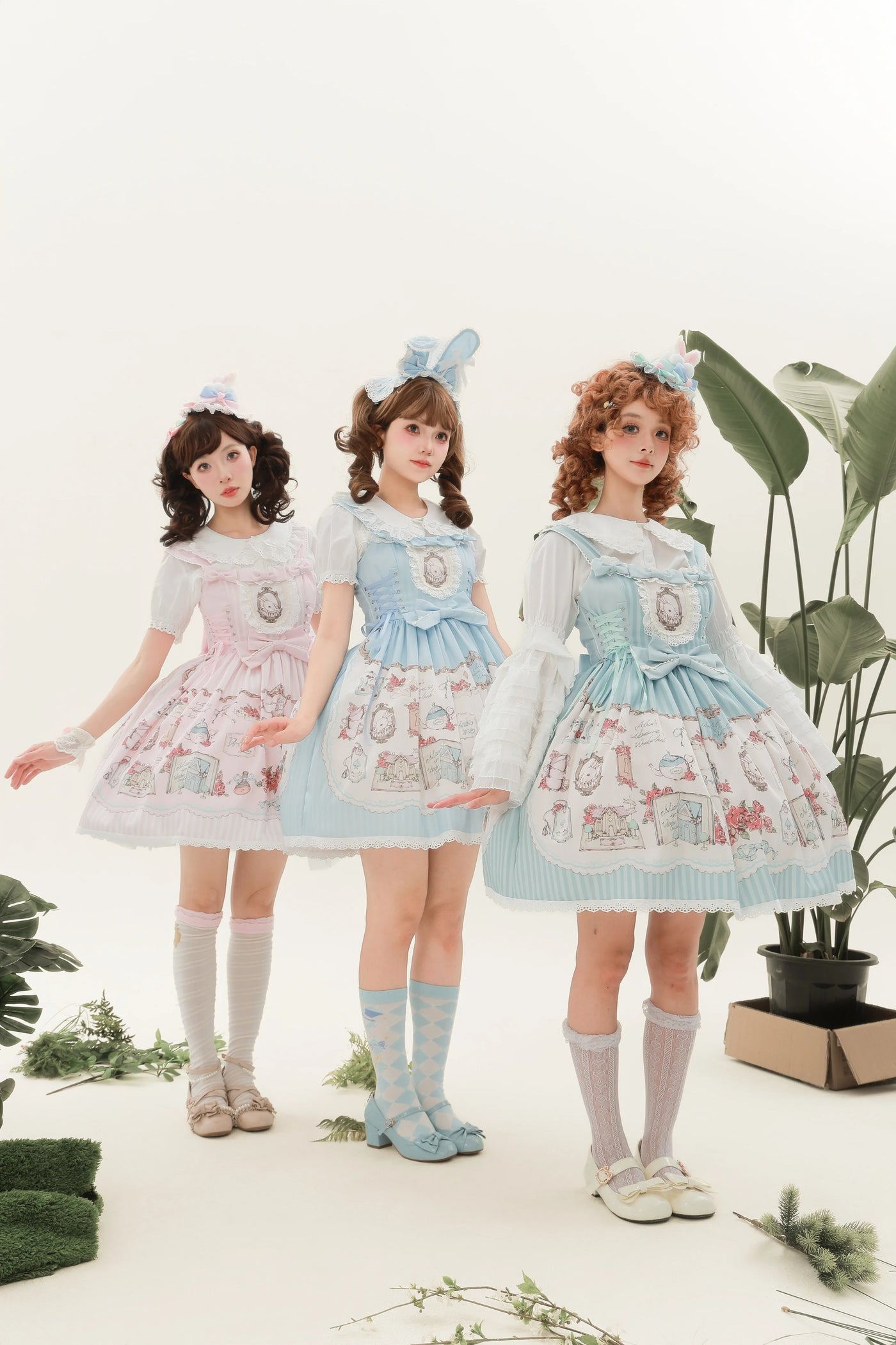 Cat Upon Cat - Rabbit's Collection Box - Rabbit-Print JSK Dress with Lace Bib
