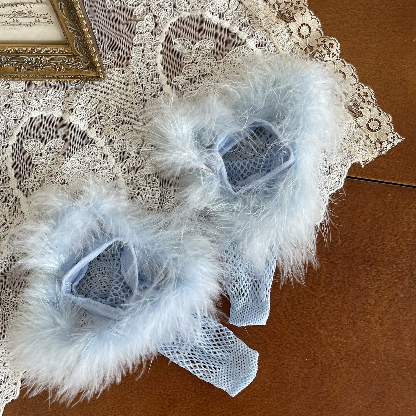 Sock Noble - Gray Blue Layered Lace - Fishnet Socks with Feather Trim