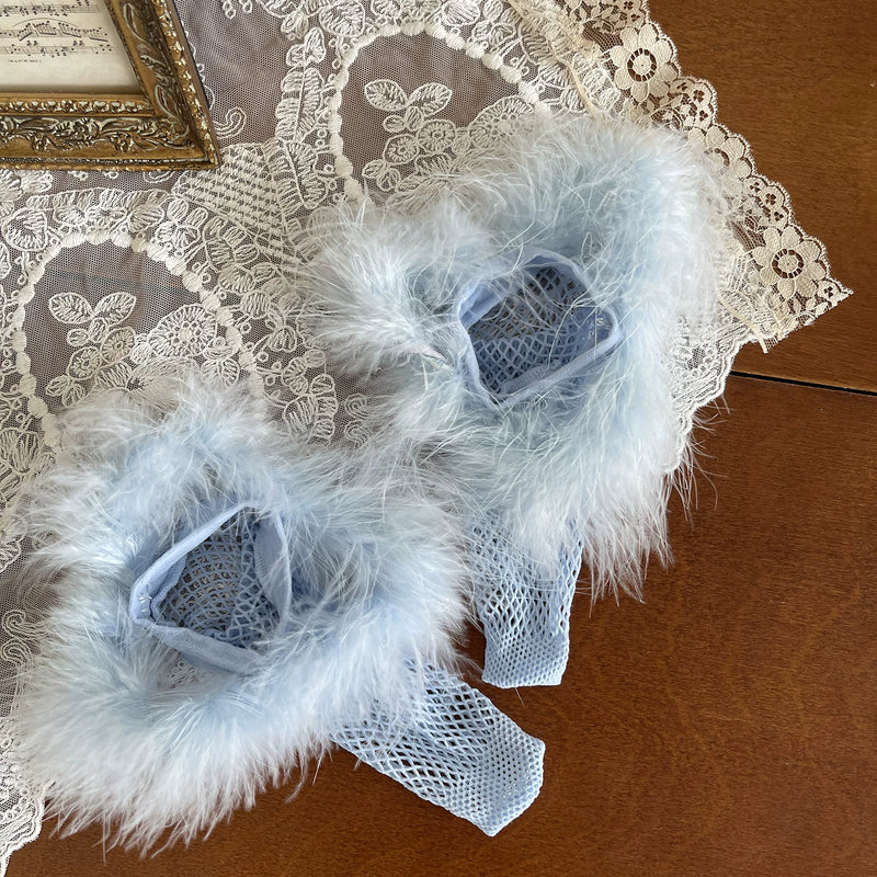 Sock Noble - Gray Blue Layered Lace - Fishnet Socks with Feather Trim