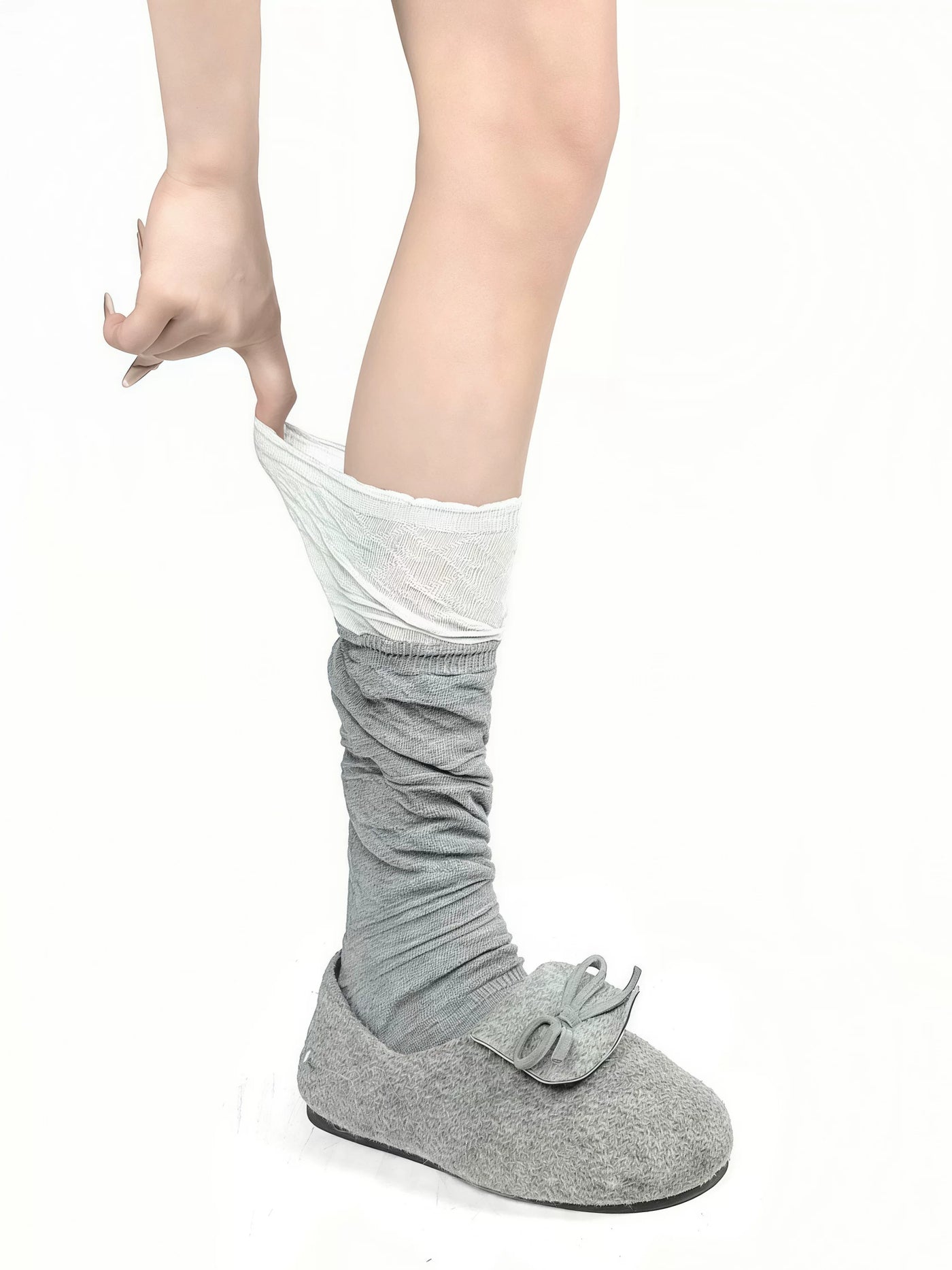 White Socks - Layered Mid-Calf - Cotton Mid-Calf Socks with Slouch Folds