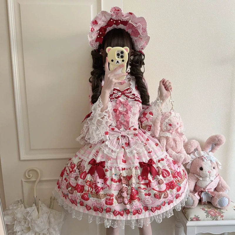 Tiantian - Strawberry - Long-Sleeved OP Dress with Lace Bows