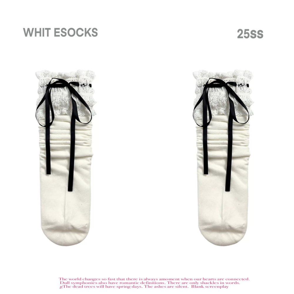 White Socks white mid-calf socks with lace cuffs and long ribbon bows