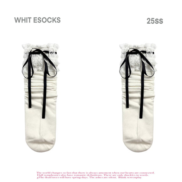 White Socks white mid-calf socks with lace cuffs and long ribbon bows