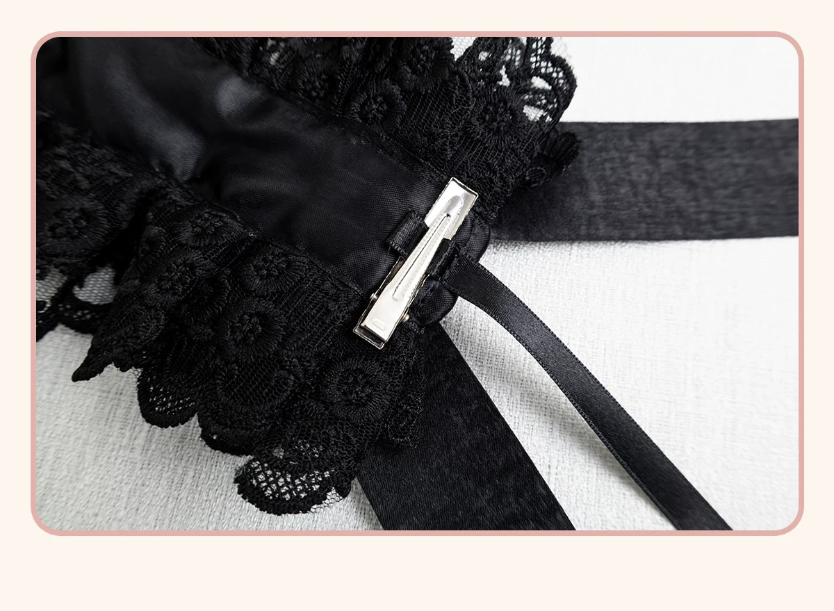 Stardust Rose - A035 Black Lace - Black Lace Headwear and Hand Sleeves with Ribbon Bows