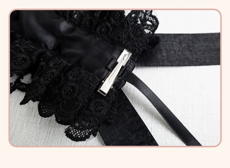 Stardust Rose - A035 Black Lace - Black Lace Headwear and Hand Sleeves with Ribbon Bows