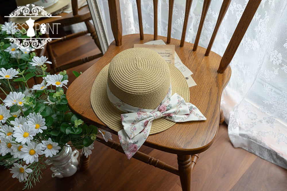 Happy Summer Cute Lolita Hairdband Straw Hat ivory floral straw hat