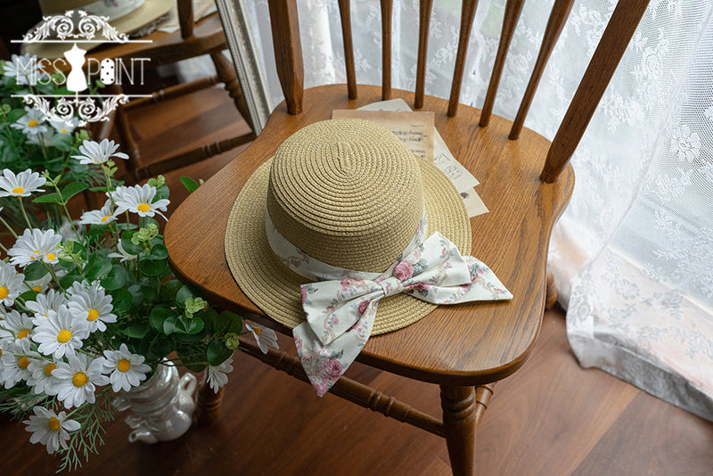 Happy Summer Cute Lolita Hairdband Straw Hat ivory floral straw hat