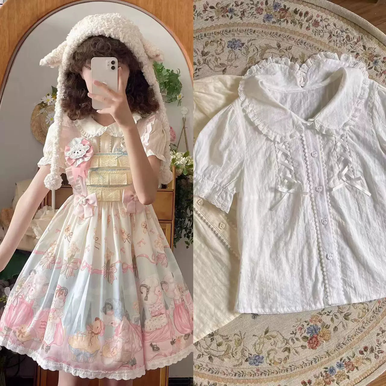 Cat Upon Cat - Sheep Waltz - Printed JSK with a Lace-Trimmed Hem