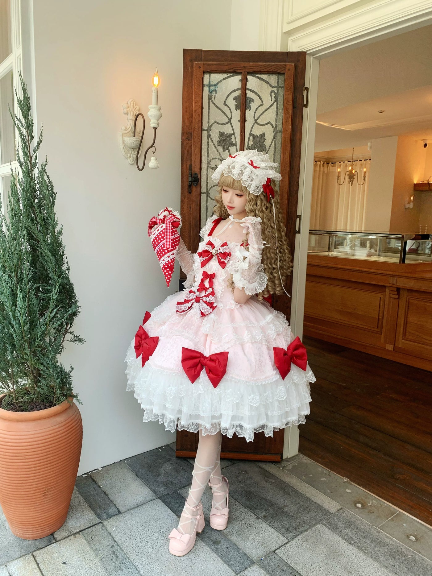 Floral Dream Isle - Sweet Lolita Doll-like JSK Dress, Bows & Lace Pink-red JSK + Train + White-red Hairband S