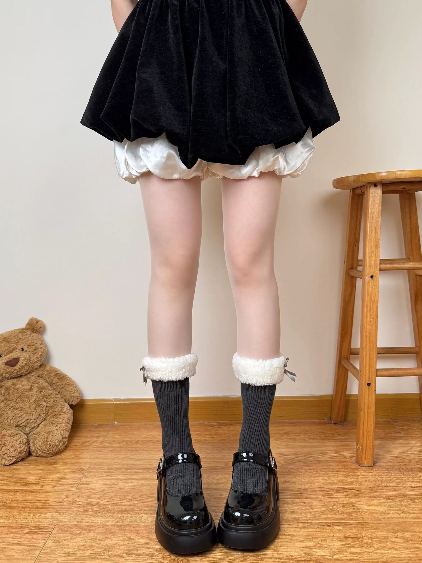 Chubby Bear Tales - Plush Ribbon Slouch - Mid-calf socks with fluffy cuffs and bow accents