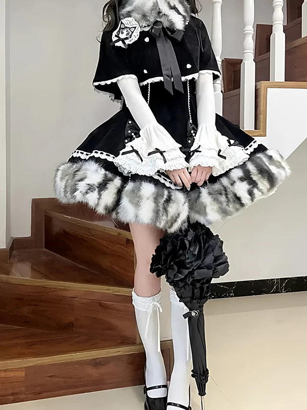 Creamy - Monochrome Ribbon - Black Three-Piece JSK Set with White Lace Trim