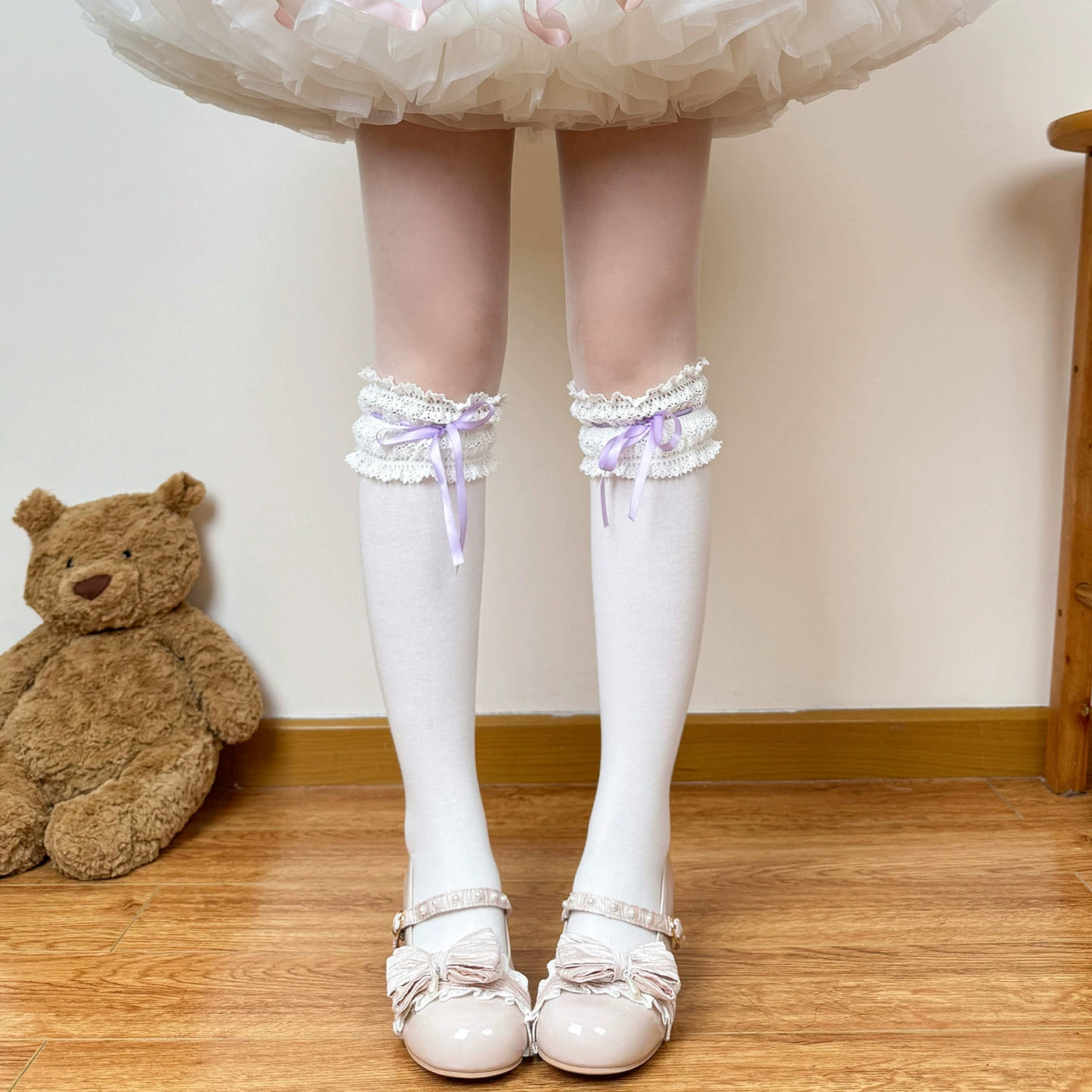 Chubby Bear Tales - Cream Ballet Ribbon - Socks with lace cuffs and tie ribbons