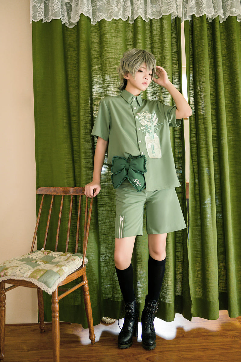 Princess Chronicles - Limited Flowering Time - Retro Green Flower Embroidery Shirt
