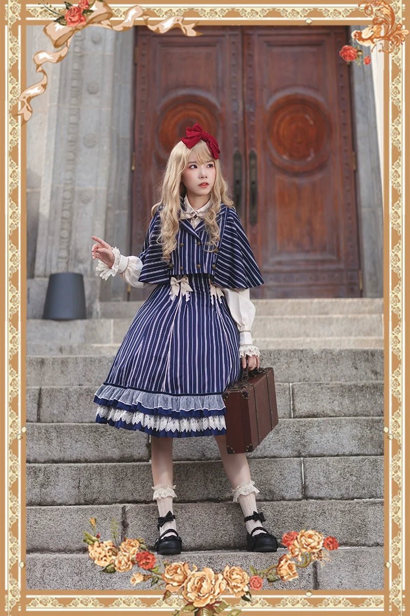 Infanta - Elegant Lolita Stripe High-waist - Jumper Dress Set and Cape SK Skirt