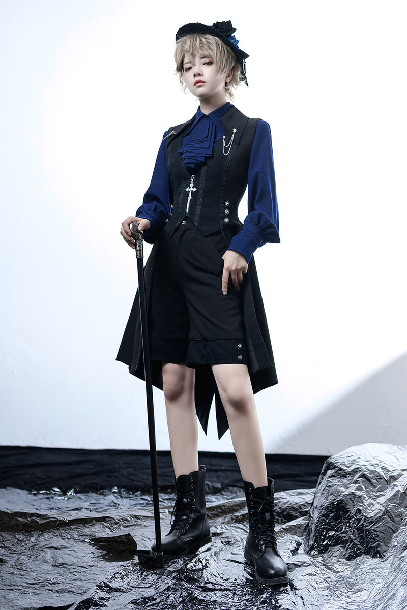 Princess Chronicles - Black and Blue - Retro Ouji Lolita Shirt, Mutton Sleeves