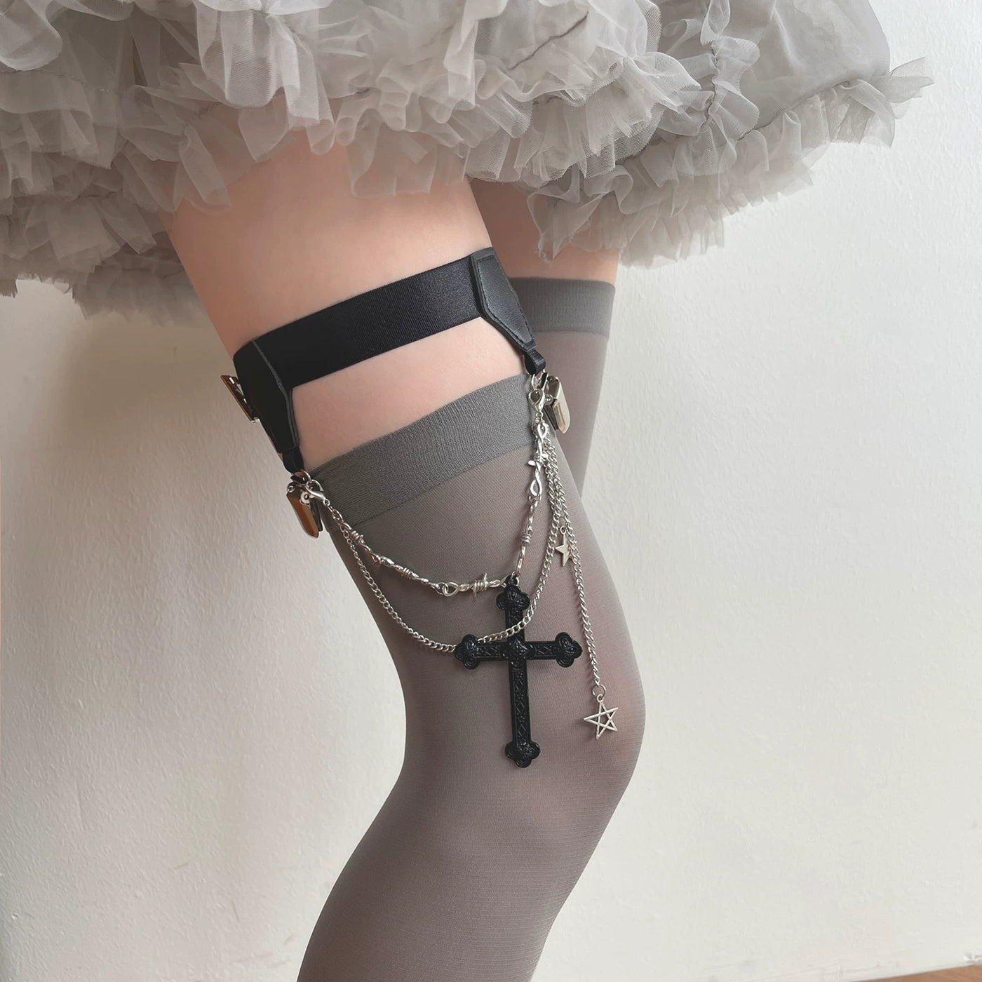 Sock Noble - Cross Charm - Over-the-Knee Socks and Clip Ring Options with Gothic Cross Detail