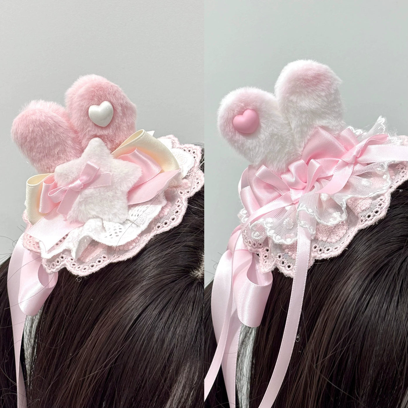 Pink and white bunny-ear lace hair accessory with long ribbon tails.
