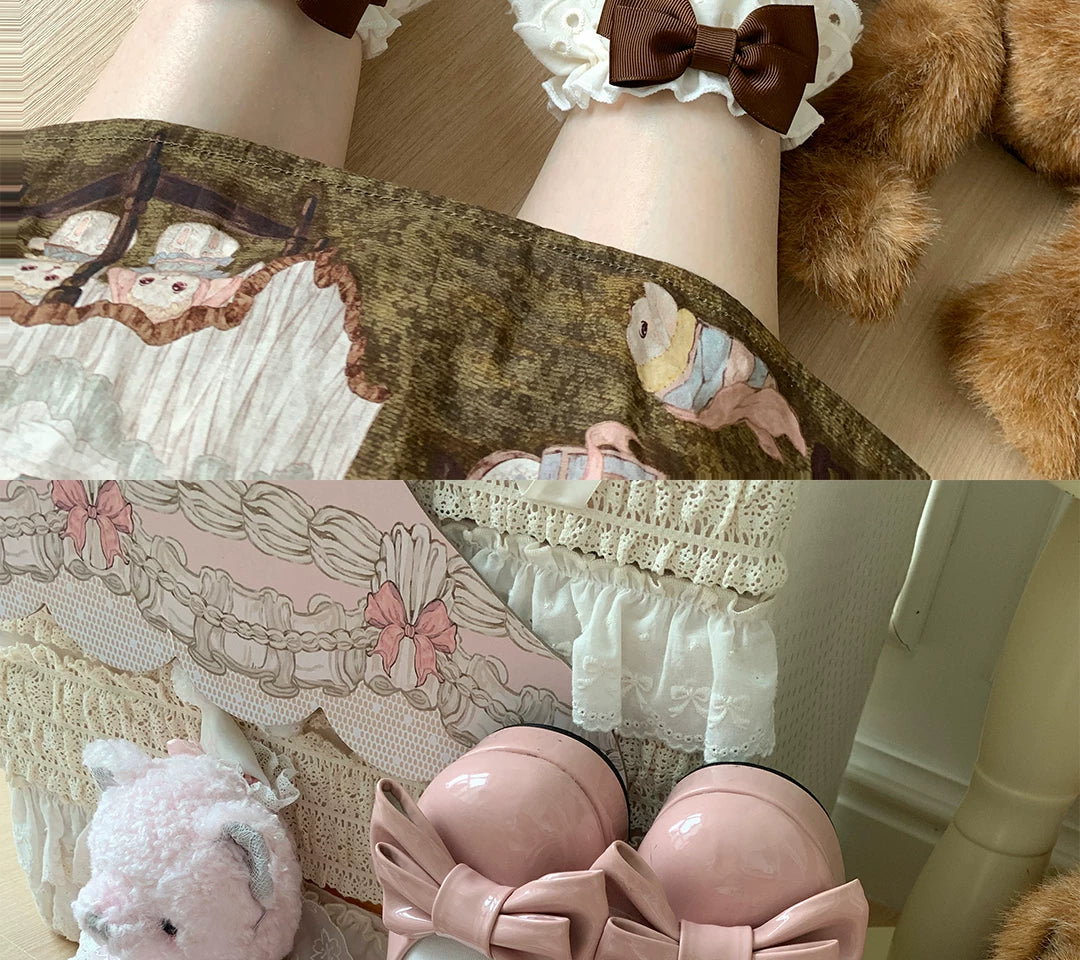 roji roji - Rose Tea Party - Cotton Mid-Calf Socks with Lace and Bows