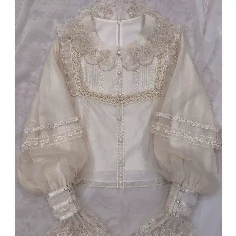 Sweetheart Dream Machine - Starry Cloud Twin Rabbit - Long-Sleeve Lolita Inner Blouse with Floral Lace Collar