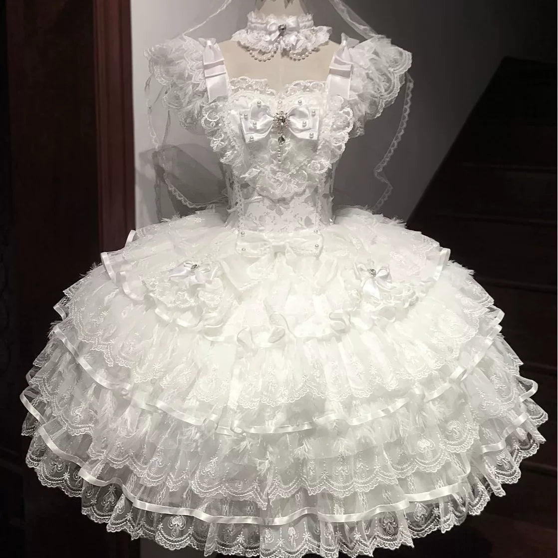 Lady Han Feather Ballad Bridal Sweet JSK Dress by Lolita Fetch featuring a delicate, elegant design with feather accents and intricate details.