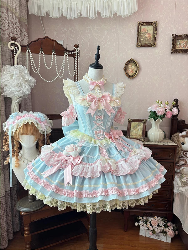 Blue and pink layered Lolita JSK dress with bows and lace
