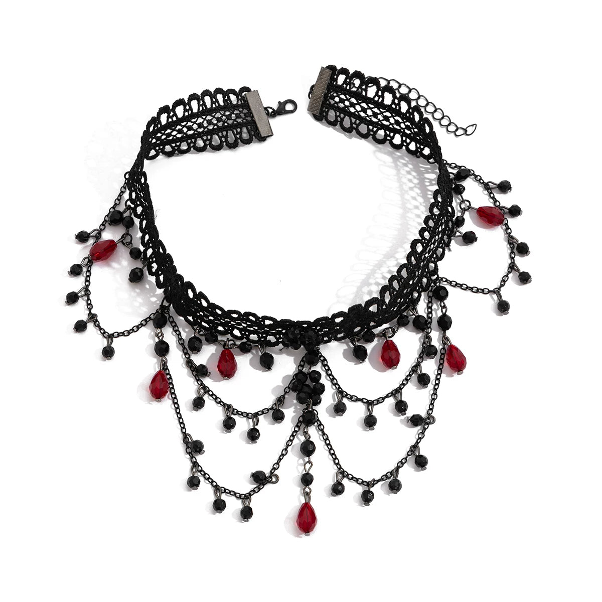 Black lace choker necklace with layered black beads and red crystal drops on a white background
