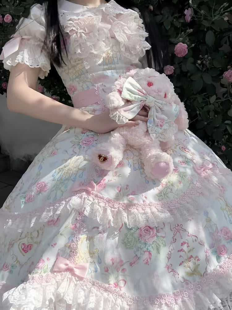 Tata Long Ear - Spring 2025 Floral Wall - Floral Print JSK Dress with Layered Lace Ruffles