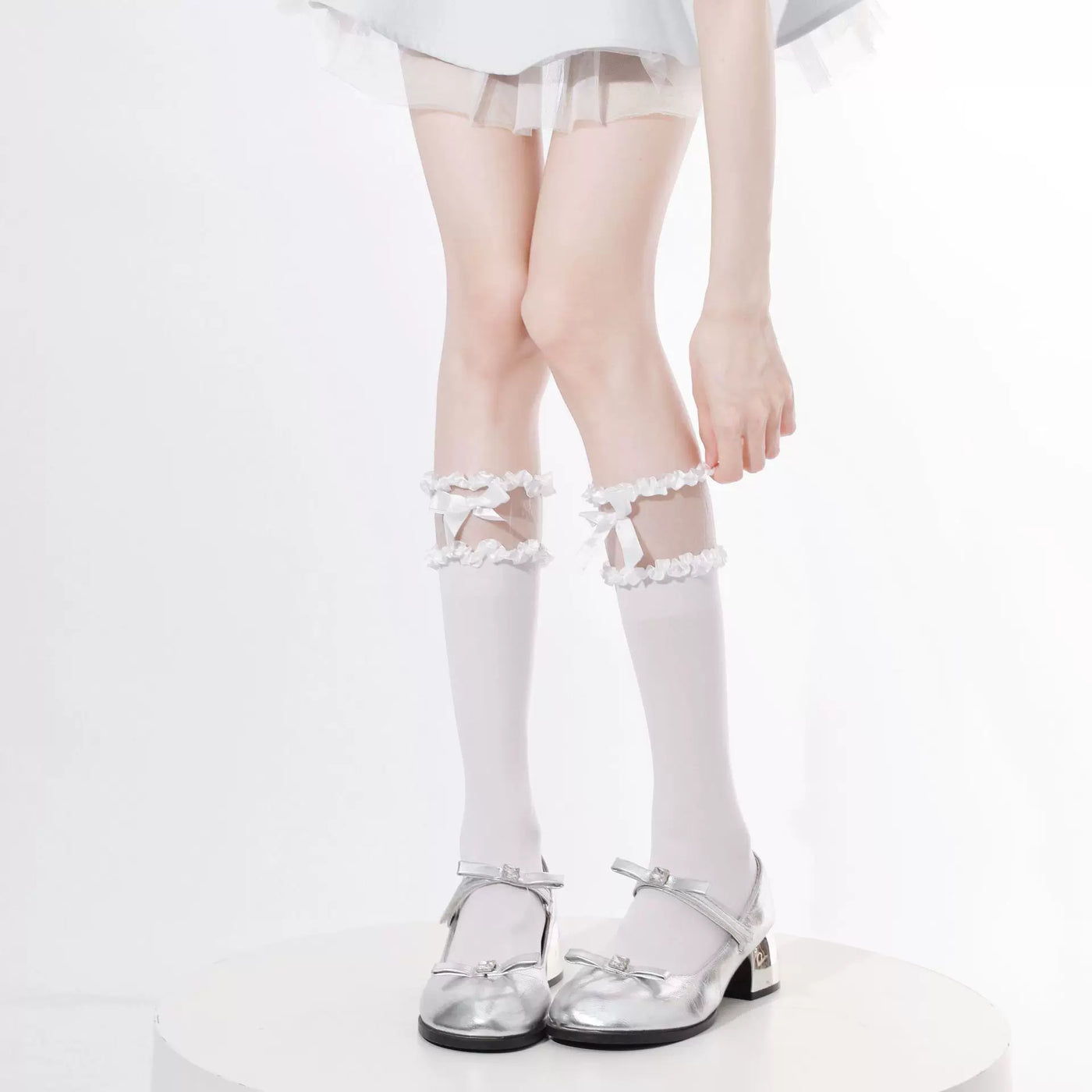 Fantasy Doll - Ribbon Window - Sheer Ruffle-Panel Calf Socks