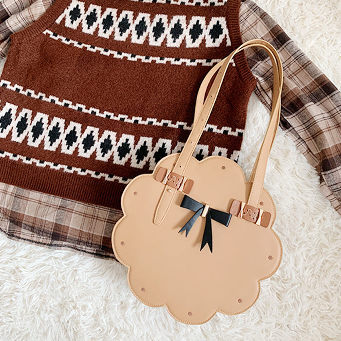 Milk Tea Bear - Toffee Cookie - Brown Kawaii Lolita shoulder bag with a cookie design and black bow - product detail 3