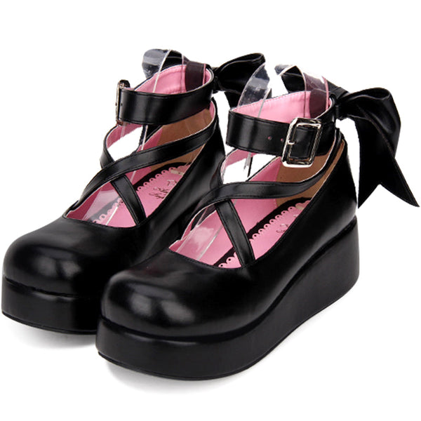 Angelic imprint - Daily Lolita Leather Shoes Platform - Medium Heel Big Bow Shoe Shoes