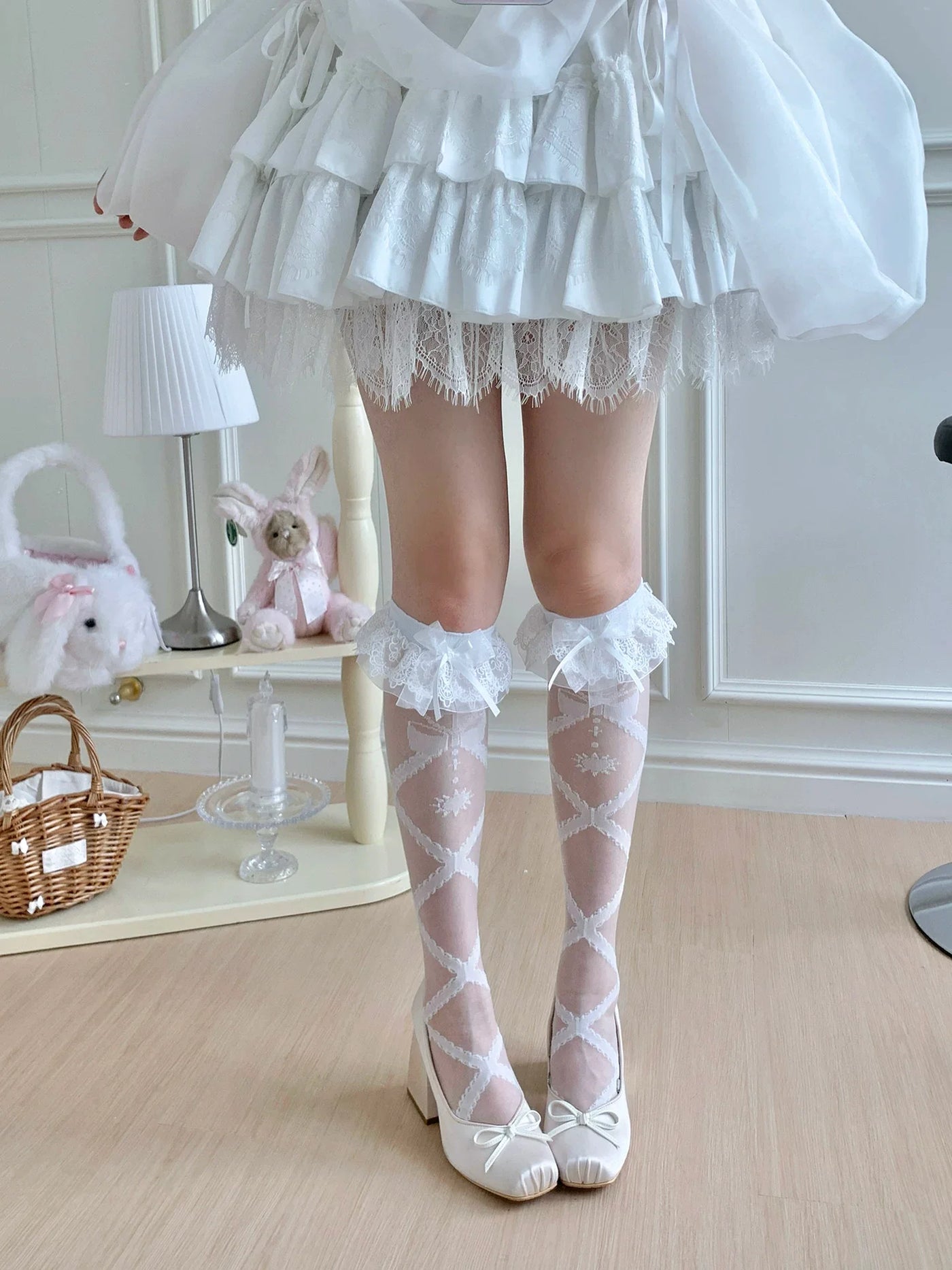 Lolita Cross Printed Socks with Layered Lace Trim Cuff White Mid-calf Socks (with lace trim)