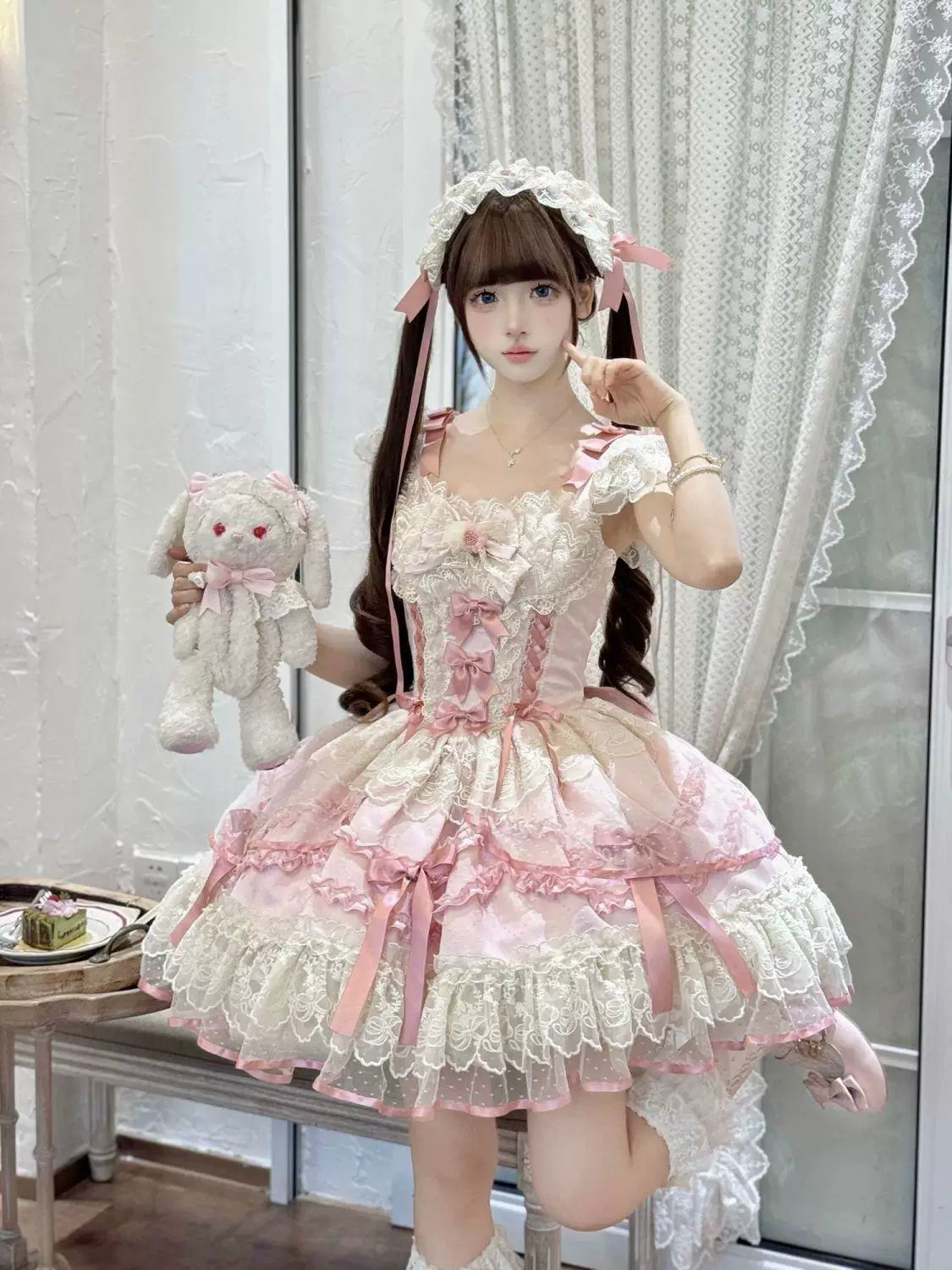 Sweetheart Dream Machine - Rose Poem Ballet - Strappy JSK dress with lace ruffles and ribbon bows