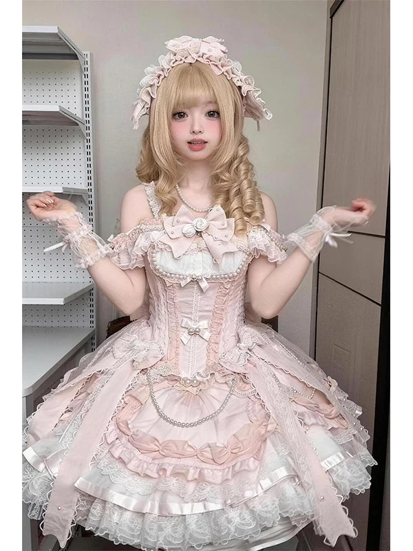 Pink JSK dress with long train, ruffles and lace